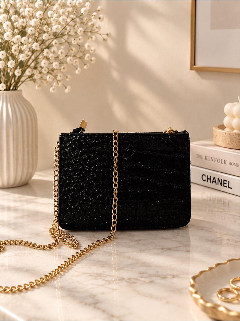 Black Croc-Embossed Crossbody with Gold Chain Strap